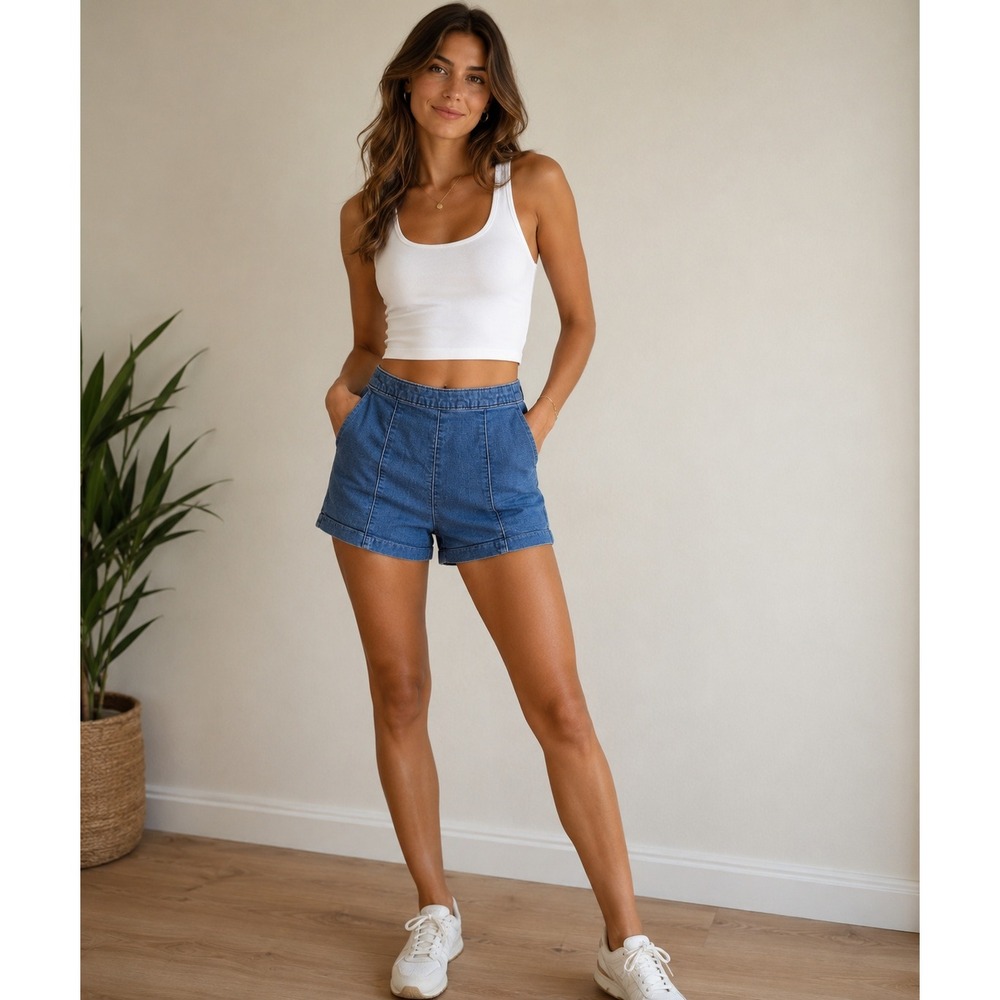 Indie retro HM Womens High Waisted Denim Shorts Medium Wash Blue Sz 8 Side Zip